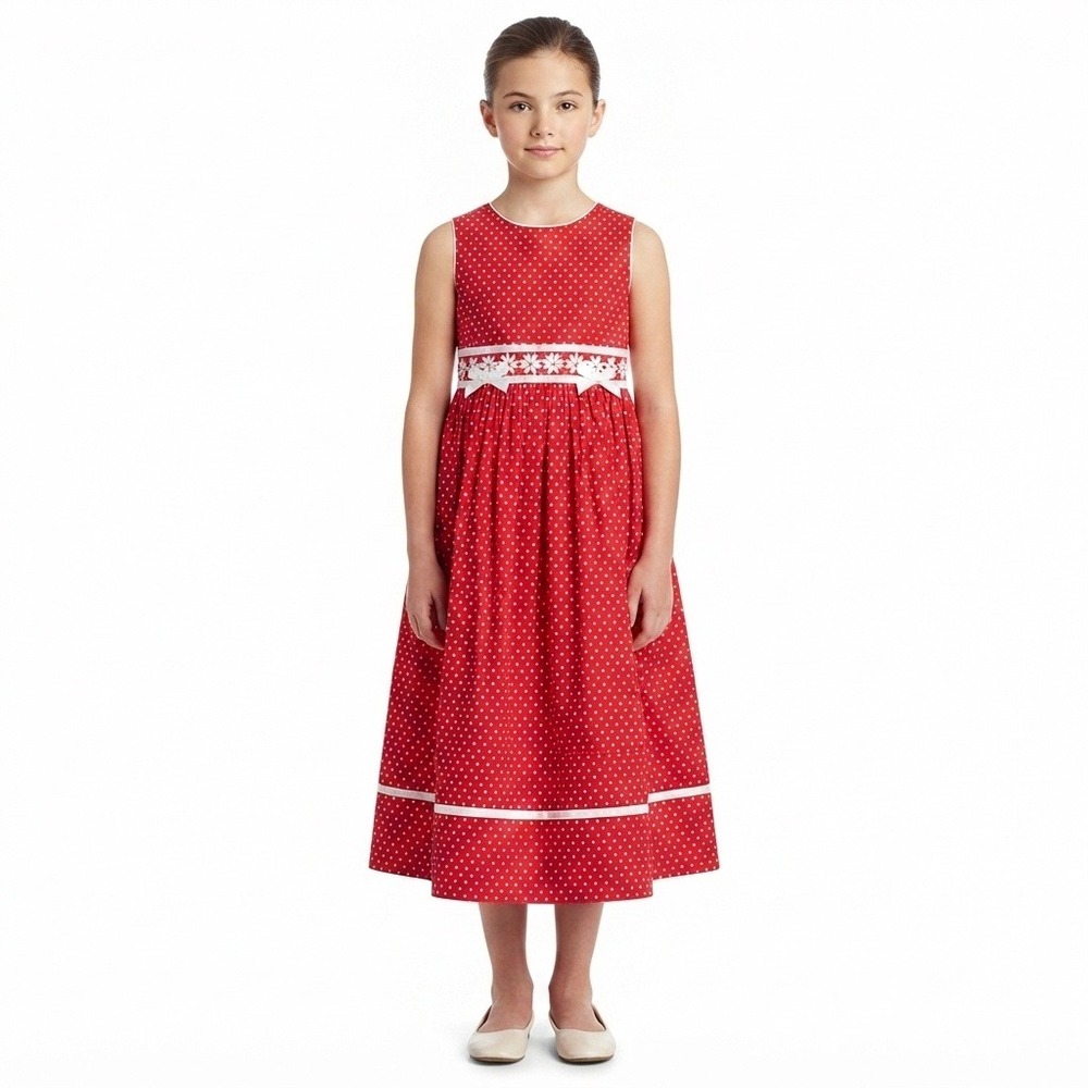 Rare Editions Dress Girls 12 Red Polka Dot Daisy Trim Cotton Sleeveless
